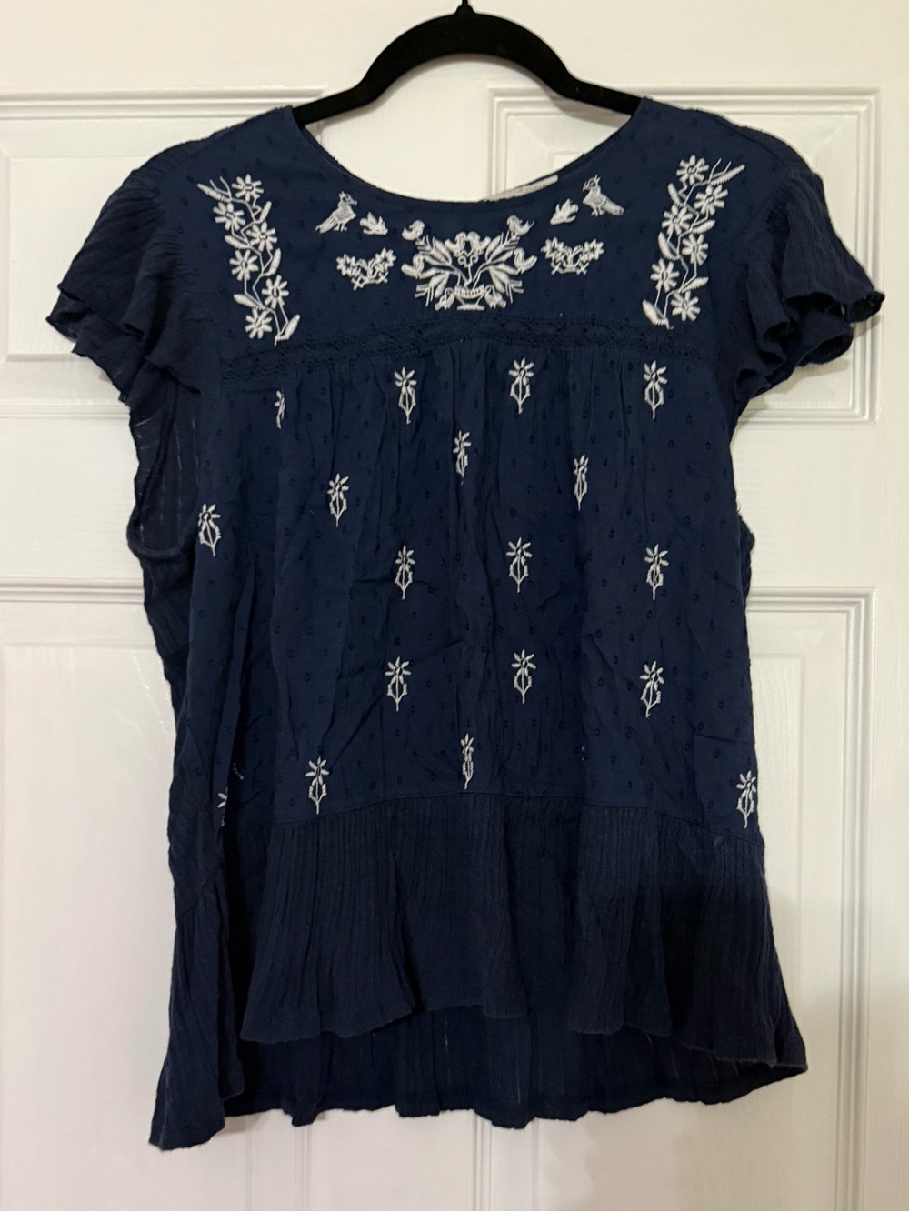 Lucky Brand Navy Blue Embroidered Flutter Sleeve Top